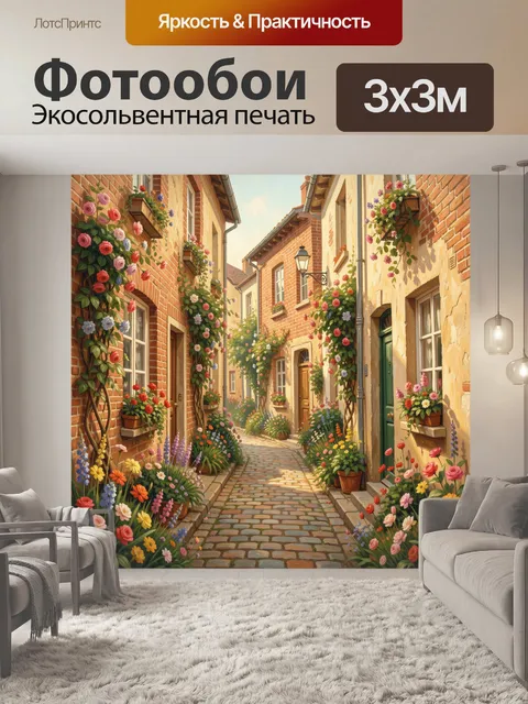 Фотообои Цветущая улочка с кирпичными домами