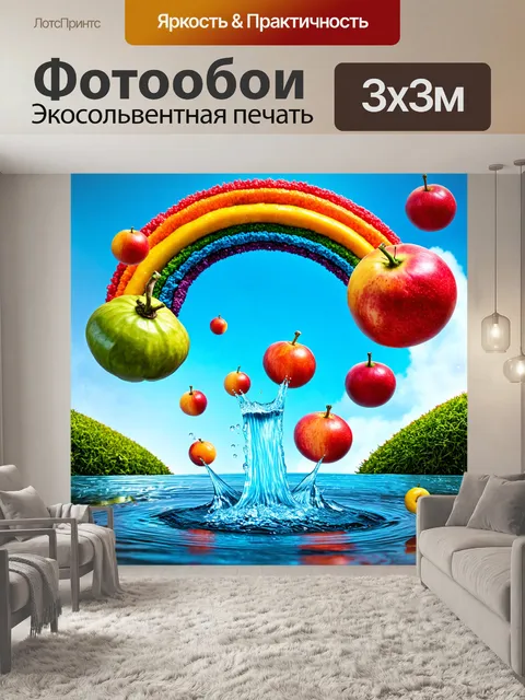 Фотообои в стиле сюрреализм, где стилизованные фрукты и овощи парят в воздухе, а вода течет в виде радуги, создавая…