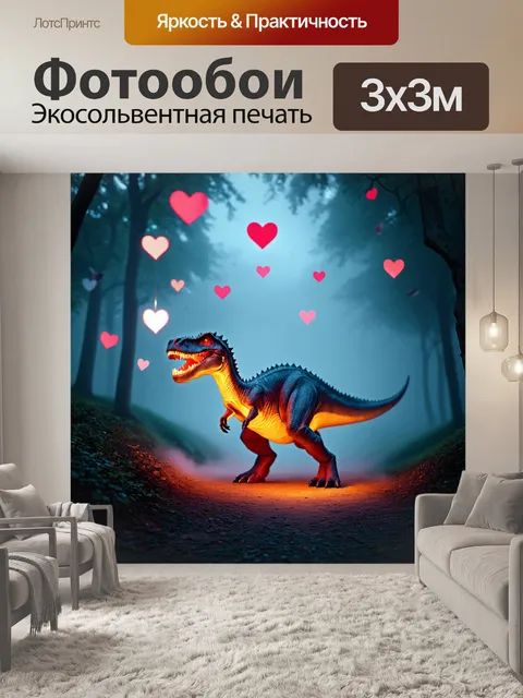 Фотообои динозавр в мире, окутанном туманом, где яркие сердца взлетают в воздух