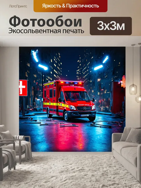 Фотообои в центре композиции — сверкающая красная машина скорой помощи