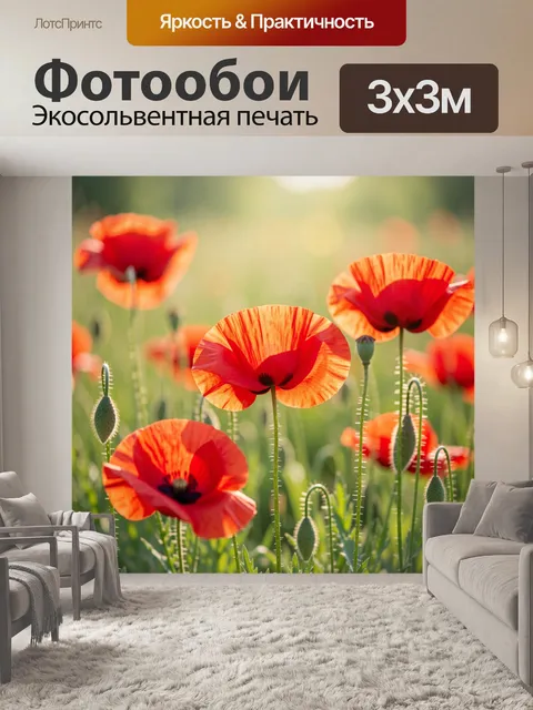 Фотообои Красные маки в солнечном поле