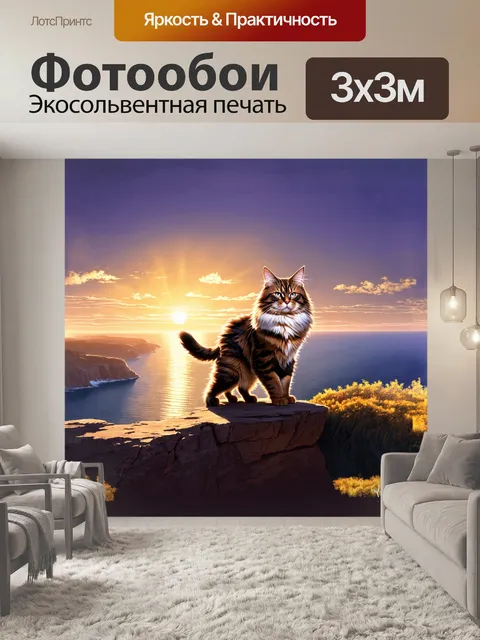 Фотообои мейн-кун с гордой осанкой стоит на краю утеса