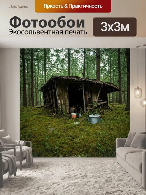 Фотообои мусорный лес, старая избушка, покинутые предметы, сцена забвения