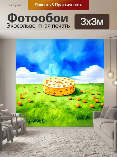 Фотообои в центре зеленого поля лежит гигантское колесо сыра, окруженное игривыми белыми облаками на ярко-голубом небе