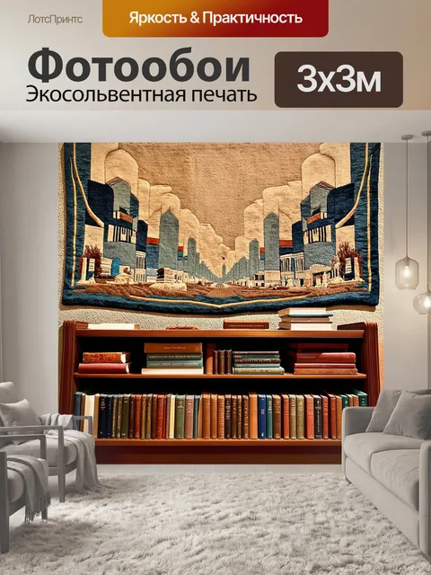 Фотообои стеллаж с книгами на фоне старинной стены, обитой гобеленами