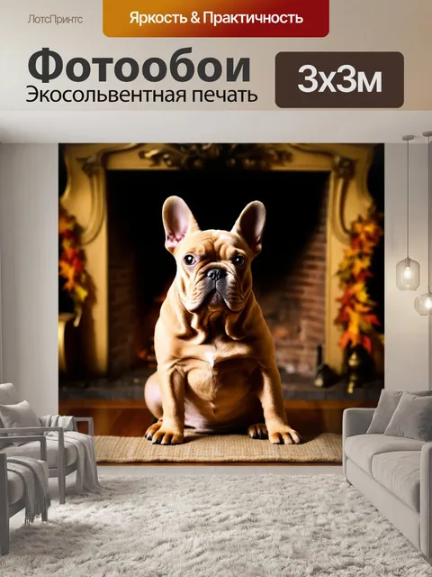 Фотообои французский бульдог, сидящий у камина, тепло огня освещает его пушистую шерсть, осень за окном