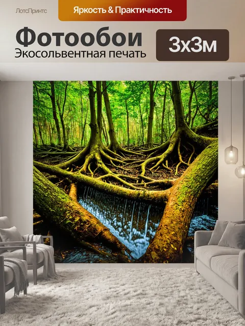 Фотообои лес с источником воды, струящимся из под корней деревьев