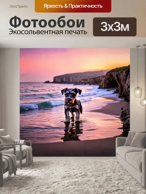 Фотообои шнауцер, щенок, исследующий морской берег на закате, когда небо окрашивается в розовые и оранжевые оттенки
