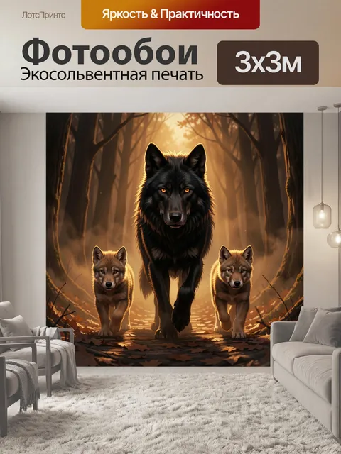 Фотообои Волк и два волчонка в лесу