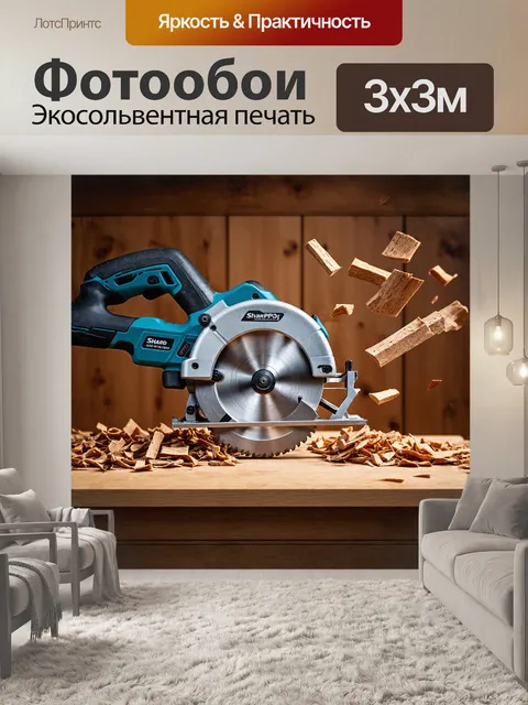 Фотообои в центре композиции находится циркулярная пила, сверкающая сталью на фоне деревянной работы