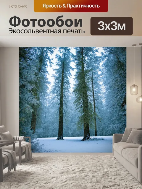 Фотообои зимний лес, завуаленный инеем, с блестящими деревьями