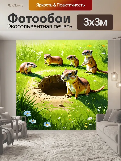 Фотообои луг, залитый солнечными лучами, утопающий в зелени, где луговые собачки, собравшись в круг, с удовольствием…