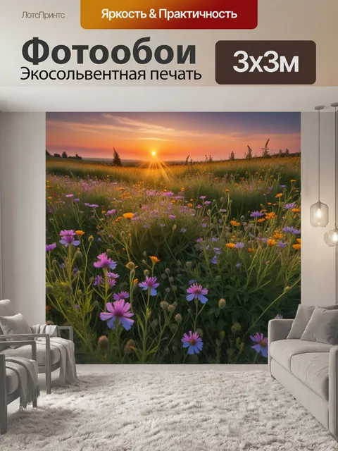 Фотообои поля диких цветов на закате