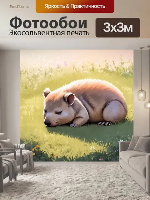Фотообои изображение вомбата, мирно спящего на лужайке под мягким светом рассвета