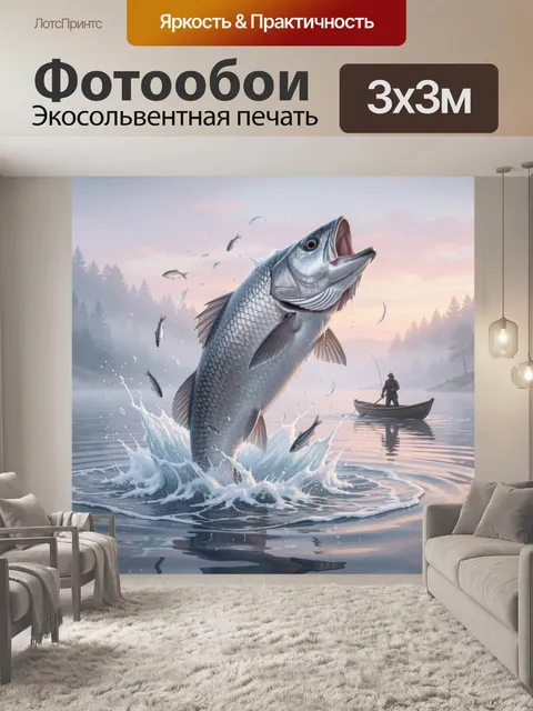 Фотообои Рыбак и гигантская рыба на озере