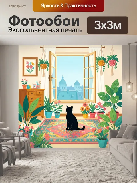 Фотообои Черный кот у открытого окна