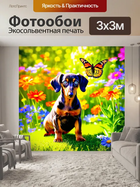 Фотообои такса-дапл, щенок, внимательно наблюдающий за бабочкой в цветущем саду
