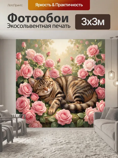 Фотообои Спящий кот в цветущем саду