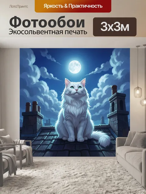 Фотообои Белый кот под лунным небом