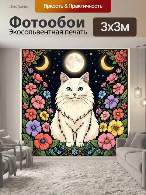 Фотообои Белая кошка в цветочном орнаменте
