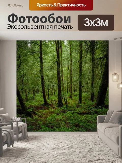 Фотообои густой лес с раскидистыми кронами, густая подлеска, звуки лесных животных