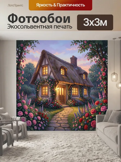 Фотообои Сказочный дом в цветущем саду