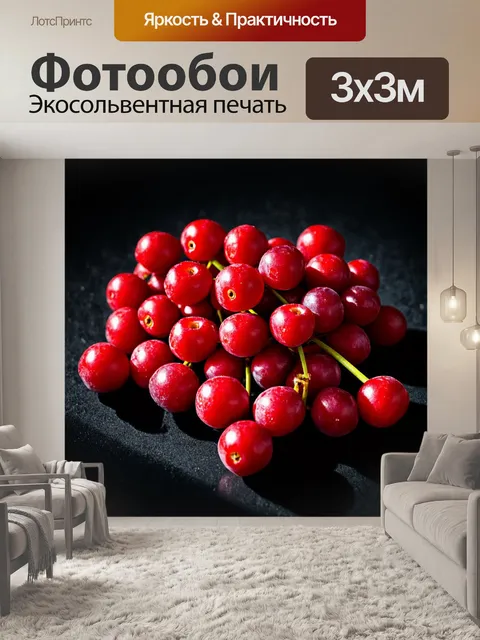 Фотообои запахи спелых красных ягод на черной поверхности, создающие визуальный контраст