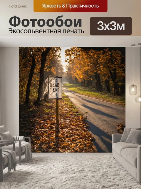 Фотообои знак «тупик» располагается на обочине одинокой, запущенной дороги, устланной опавшими листьями