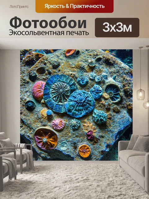 Фотообои камень, где есть окаменелости на фоне яркого подводного мира, выполненные в технике арт-абстракции