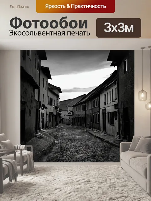 Фотообои пейзаж в стиле черно-белый, старыми улочками в маленьком городке на фоне вечернего неба