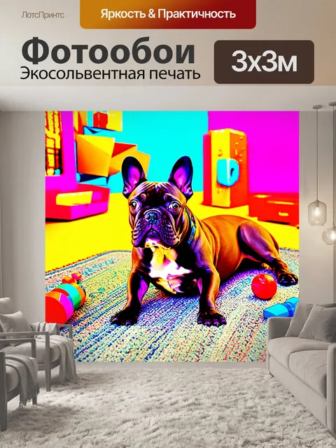 Фотообои необычный ракурс французского бульдога, лежащего на ковер с игрушками вокруг, в стиле поп-арт