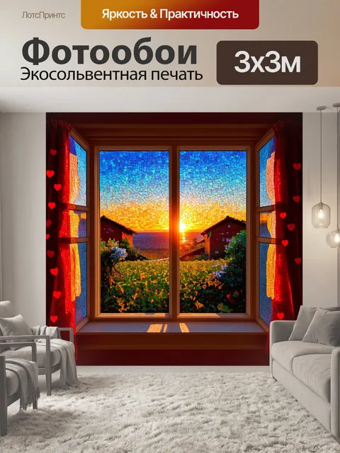 Фотообои закат, тонкий, едва заметный, освещает виллы, вид через окно, выполненное в технике мозаики, детали, сердца…
