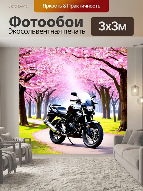Фотообои мотоцикл на фоне цветущей сакуры, где нежные лепестки создают романтический пейзаж