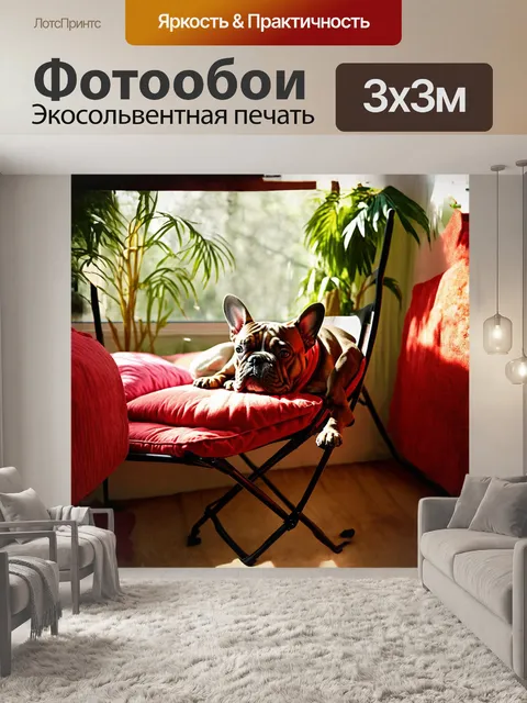 Фотообои французский бульдог мирно дремлет на раскладном кресле, окружённый яркими подушками и зелеными растениями