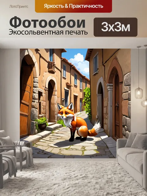 Фотообои лиса, исследующая узкие улочки старинной тосканской деревни с каменными домами
