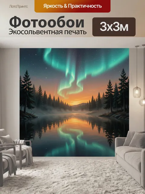 Фотообои Северное сияние над лесным озером