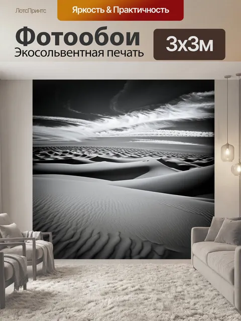 Фотообои черно-белый с бескрайними песчаными дюнами под величественным облачным небом