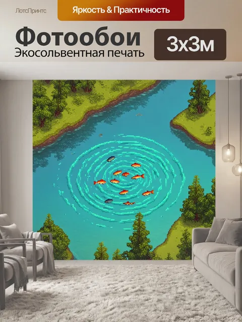 Фотообои пейзаж с озером, где рыбы ныряют и создают круги, изометрическое изображение с ясными геометрическими формами