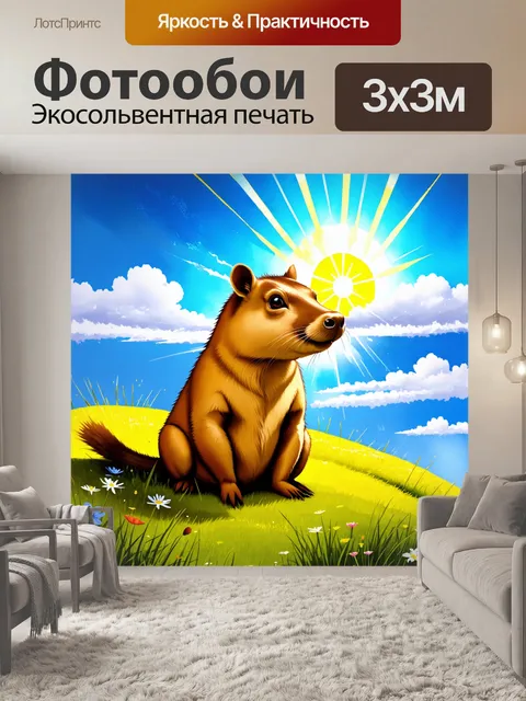 Фотообои капибара, сидящая на ярком травяном холме, с цветущими полевыми цветами вокруг и лучами солнца…