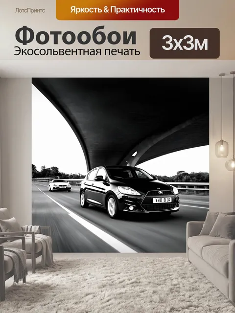 Фотообои машина в стиле черно-белый с автомобилами, мчащимися по мосту