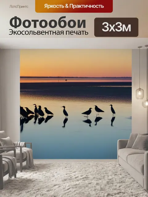 Фотообои рассвет и отражение птиц в спокойной воде
