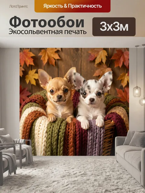 Фотообои Два щенка среди осенних листьев