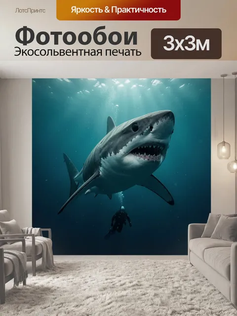 Фотообои Акула и дайвер под водой