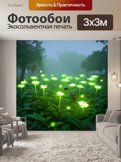 Фотообои туман в стиле люминизм, цветущий сад в тумане, светящиеся насекомые, уютная атмосфера