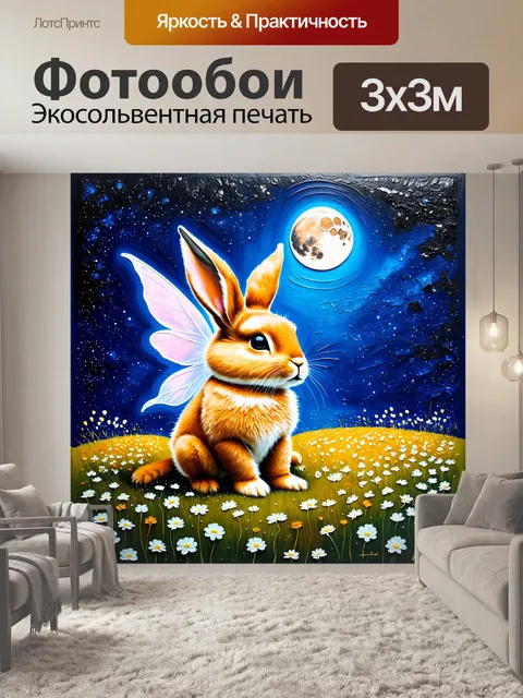 Фотообои сказочный кролик, сидящий на цветущем лугу под звёздным небом, с луной, ярко освещающей его