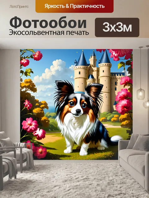 Фотообои очаровательный папильон, позирующий на фоне старинного французского замка, с красивыми цветами в его шерсти