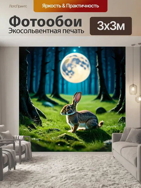 Фотообои ночной заяц под луной в лесу