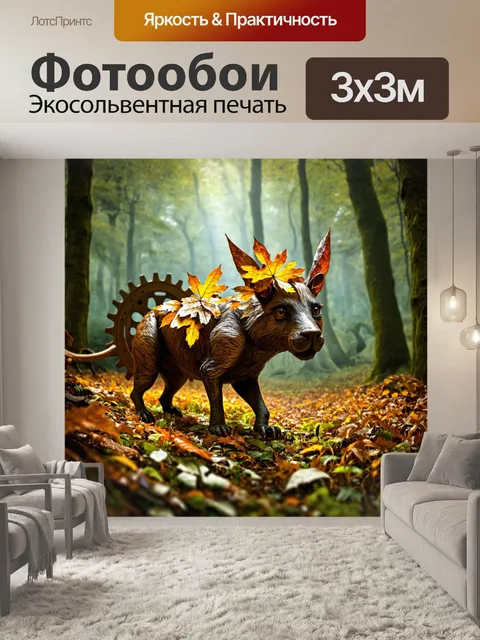 Фотообои животные в стиле стимпанк: листья, исходящие из больших шестеренок, создающие уникальный лесной пейзаж