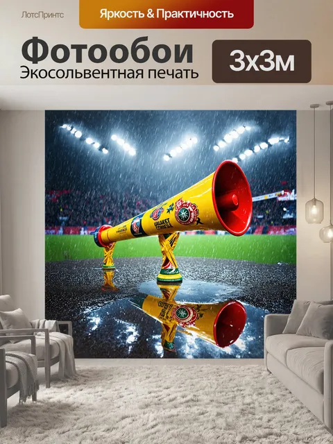 Фотообои огромная вувузела, разукрашенная яркими символами команд, заполняет кадр, а на заднем плане виден…