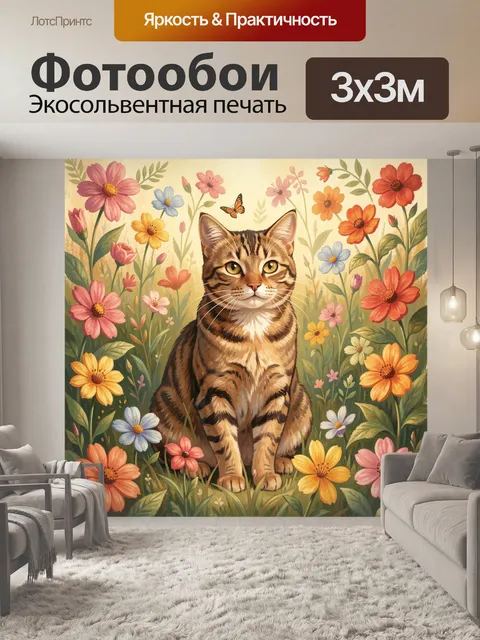 Фотообои Кот среди цветущих полевых цветов